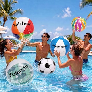 May include: Four inflatable beach balls and one soccer ball in a swimming pool. One beach ball is multicolored with the name Michell, one is blue and white with the text Custom Name, and one is clear with green leaves and the name Yolanda.