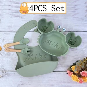 9PCS Baby Silicone Food Grade Set,Engraved Silicone Bib/Plate/Bowl/Spoon/Fork,Feeding Set With Name,Ideal Gift for Baby Showers/New Parents