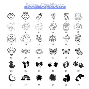 May include: A grid of 36 black and white icons, each representing a different design. The icons are numbered 1 through 36. The icons include a baby, a flower, a bear, a tiger, an elephant, a lion, a rhinoceros, a fish, french fries, a donut, a hamburger, a taco, a scorpion, a scale, an arrow, a lion, a bull, a ram, a crab, a butterfly, a duck, a bow, a hand, a footprint, a paw print, a crescent moon, a rainbow, a star, a sun, a cat, and a dog.