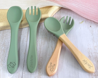 Customized Baby Fork And Spoon Set,Silicone Tableware,Wooden Handle Silicone Tableware,Ideal Gift For Children First Meal,Customize Pattern.