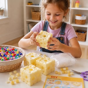 Könnte beinhalten: Ein DIY-Bastelset für quetschbare Käsewürfel, bestehend aus drei hellgelben Schaumstoffwürfeln mit kreisförmigen Aussparungen, einem Korb mit bunten Perlen, einem Beutel mit weißer Füllwatte, kleinen gelben Kunststoffkappen und einer Anleitung.