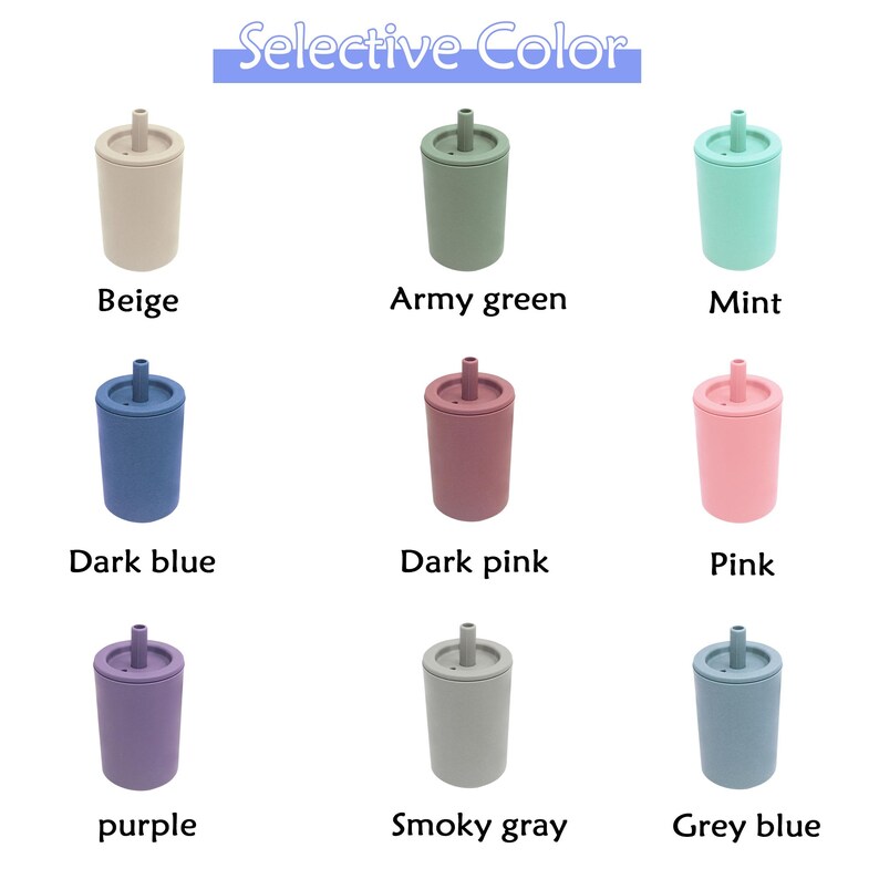 May include: Nine silicone cups with lids and straws in various colors: beige, army green, mint, dark blue, dark pink, pink, purple, smoky gray, and grey blue.