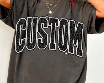 Custom Black Leopard Shirt, Personalized Name Text School Mascot Tee, Trendy Varsity Letters Tee, Personalize Your Own Tshirt