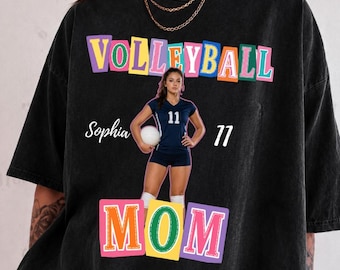 Custom Volleyball Mom Shirt, Personalized Photo Name Number Tee, Retro Colorful Game Day Mama Tshirt, Preppy Sports Mom Gift