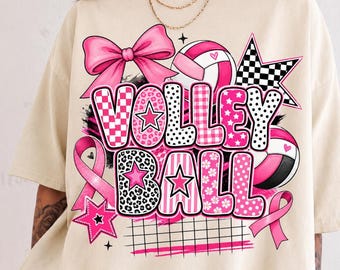 Volleyball Breast Cancer Shirt, Pink Patchwork Volleyball Sports Tee, Pink Ribbon Shirt, Checkered Leopard Coquette Awareness Gift