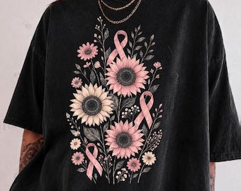 Sunflower Breast Cancer Shirt, Pink Ribbon Floral Support Tee, Vintage Sunflower Graphic Shirt, Preppy Awareness T-Shirt