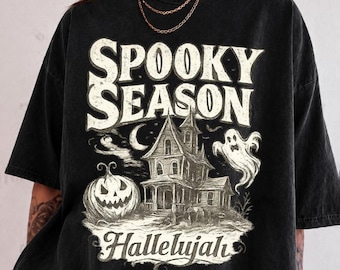 Spooky Season Hallelujah Shirt, Vintage Halloween Haunted House Tee, Gothic Ghost Pumpkin Tshirt, Retro Distressed Halloween Gift