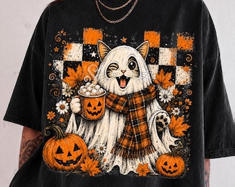 Ghost Cat Halloween Shirt, Funny  Cat Hot Cocoa Tee, Fall Checkered Spooky Cat Shirt, Pumpkin Plaid Scarf Trendy Tshirt, Gift