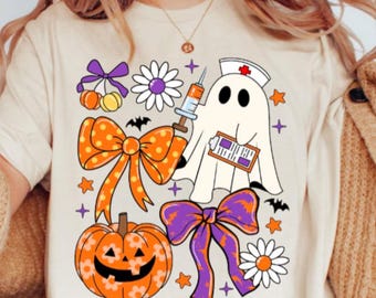 ハロウィンナースシャツ、かわいいゴーストナース、パンプキンコケットリボンシャツ、不気味なハロウィンTシャツ、ハロウィンギフトナース感謝トレンドTシャツ