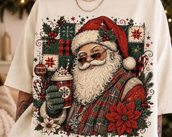 Santa Patchwork Shirt, Trendy Santa Plaid Christmas Tee, Vintage Christmas Season Hot Cocoa Shirt, Retro Xmas Gift