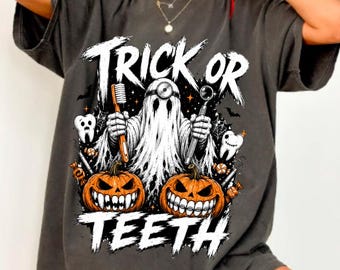 Trick or Teeth Halloween Dentist Shirt, Funny Dentist Tee, Dental Hygienist Halloween Gift, Ghost Pumpkin Toothbrush Tshirt, Gift