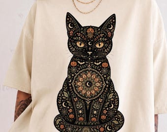 Halloween Cat Mandala Shirt, Trendy Black Cat Graphic Tee, Cat Mom Tshirt, Spooky Season Fall Gift