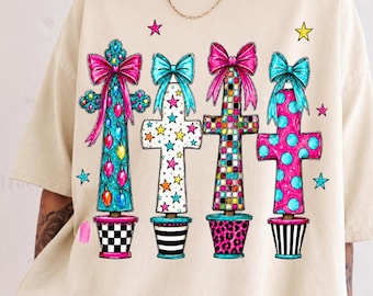 Whimsical Cross Trees Shirt, Colorful Christmas Christian Tee, Bow Star Polka Dot Design, Preppy Faith Christmas Tshirt, Gift