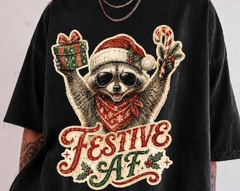 Festive AF Christmas Shirt, Funny Christmas Raccoon Tee, Vintage Santa Feral Raccoon Xmas Tshirt, Retro Holiday Season Gift
