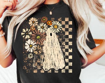 Camiseta retro de fantasma de Halloween, camiseta de fantasmas espeluznantes, camiseta de otoño para amantes de los fantasmas, camiseta moderna de truco o trato de Halloween, camiseta bohemia floral de otoño