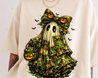 Camo Ghost Halloween Shirt, Patchwork Camouflage Ghost Tee, Spooky Halloween Bow Ghost Tshirt, Autumn Pumpkin Coquette Gift
