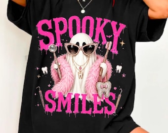 Spooky Smiles Shirt, Boujee Ghost Halloween Dentist Tee, Glam Dental Hygienist Shirt, Trendy Pink Ghost Funny Tshirt