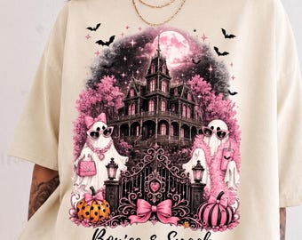 Boujee Spooky Ghost Shirt, Pink Halloween Haunted House Tee, Glam Girly Ghost Shirt, Retro Preppy Halloween Mansion TShirt, Gift