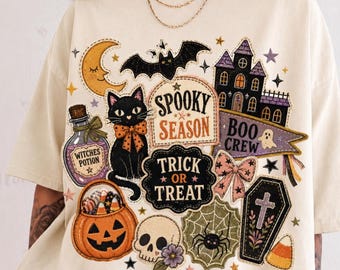 Vintage Halloween Patchwork Shirt, Spooky Season Comfort Colors Tee, Boo Crew Trick or Treat Shirt, Retro Halloween Party T-Shirt
