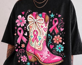 Cowgirl Breast Cancer Shirt, Western Pink Ribbon Cancer Awareness Tee, Pearl Coquette Floral Cancer Support Tshirt, Trendy Gift