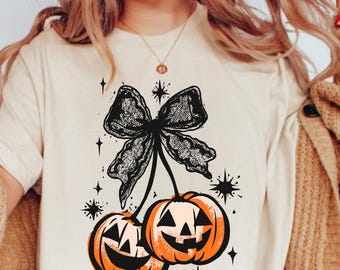 Chemise noeud coquette automne citrouille cerises, chemise automne tendance, chemise automne mignonne esthétique rétro, chemise cerise Halloween, t-shirt vibes automne preppy