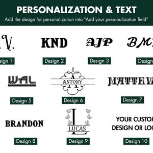 May include: Image showcasing personalization options with text and design examples. Includes initials, names, and a space for custom designs. Text reads: PERSONALIZATION & TEXT. Add the design for personalization into "Add your personalization field".
