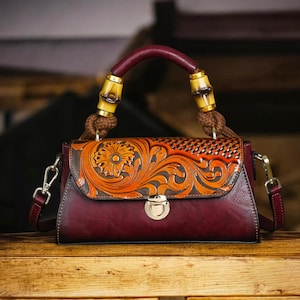 Floral geprägte Frauen Tasche, Handgefertigte Öko-Leder Hand punziert Handtasche, Vegan Leder Geldbörse, Boho Öko Leder Handtaschen, Öko Leder Umhängetasche