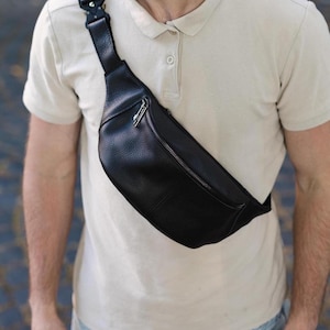 Black Leather Cross Body Bag, Chest Sling Bag for Men, Full Grain Leather Fanny Pack, Leather Anniversary Gifts for Men