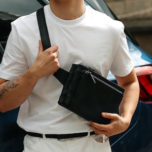 Borsa a tracolla in pelle nera da uomo, borsa a tracolla, borsa a banana in pelle, borsa a tracolla in stile urbano, cartella da uomo, regalo per fidanzato