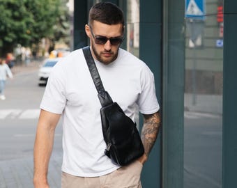 Leather Sling Bag for Men, Crossbody Banana Bag, Fanny Pack, Birthday Gift For Men