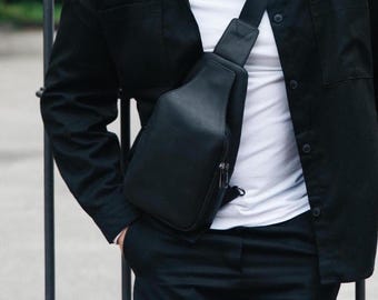 Sling bag men, black leather sling bag, real leather sling bag for man, casual crossbody bag for men, Birthday gift idea for boyfriend