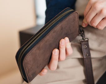 Brown men clutch, coat wallet, zip leather wallet men, wristlet wallet for phone, long wallet men, dad or boyfriend Bday gifts idea