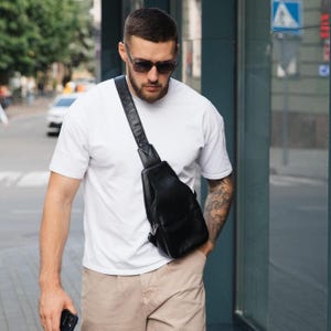 Handmade Leather Sling Bag, Black Crossbody Chest Bag