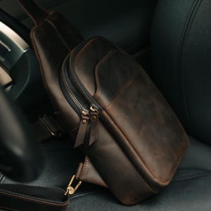 Brown Leather Sling Bag for Men, Chest Crossbody, Small Shoulder Bag, Ergonomic Travel Purse, Gift for Him or Husband