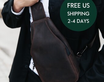 Personalized Brown Leather Sling Bag, Minimalist Crossbody for Men