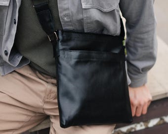 Bolso bandolera casual, bolso bandolera negro para hombre, bolso bandolera minimalista, bolso bandolera de piel para hombre, negro, regalo de cumpleaños para papá o marido