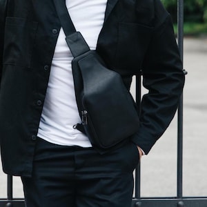 Sling bag men, black leather sling bag, real leather sling bag for man, casual crossbody bag for men, Birthday gift idea for boyfriend