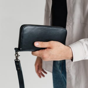 Long black wallet for men, zip leather wallet men, men clutch, coat wallet, wristlet wallet for phone, boyfriend or husband Birthday gift