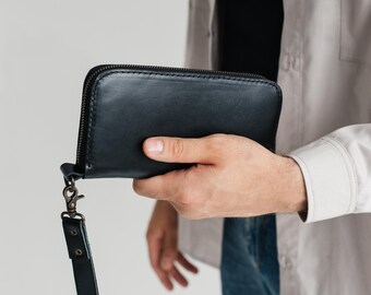 Cartera negra larga para hombre, cartera de piel con cremallera para hombre, cartera de mano para hombre, cartera para abrigo, cartera de pulsera para teléfono, regalo de cumpleaños para novio o marido