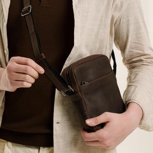 Small Brown Leather Crossbody Bag for Men – Compact Shoulder Satchel, Everyday Travel, Gift for Him