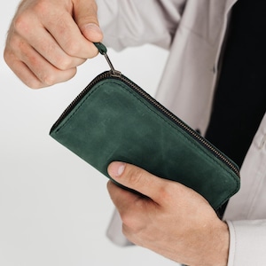 Portefeuille vert avec bracelet pour téléphone, portefeuille long pour homme, pochette pour homme, portefeuille pour manteau, portefeuille en cuir zippé pour homme, idée cadeau d'anniversaire pour papa ou mari