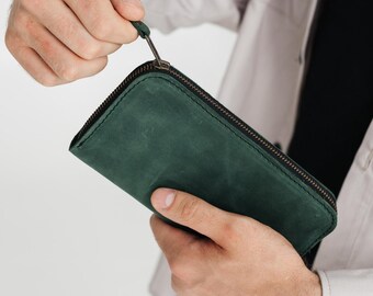 Green wristlet wallet for phone, long wallet men, Men clutch, coat wallet, zip leather wallet men, dad or husband Birthday gift idea