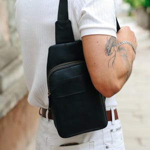 Black Leather Chest Sling Bag for Men, Minimalist Crossbody Shoulder Bag, Small Travel Satchel, Urban Everyday Gift for Him