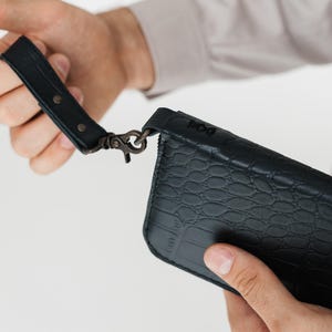 Python skin  long black wallet men, zip leather wallet men, men clutch, coat wallet, wristlet wallet for phone, boyfriend or husband gift