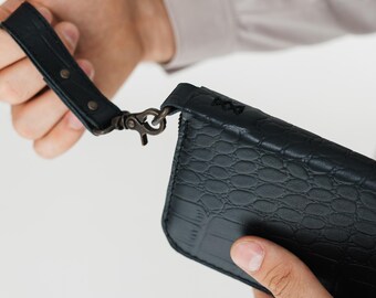 Python skin  long black wallet men, zip leather wallet men, men clutch, coat wallet, wristlet wallet for phone, boyfriend or husband gift