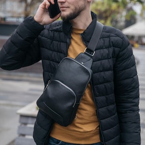 Real leather sling bag for man, sling bag men, black leather sling bag, casual crossbody bag for men, Birthday gift idea for boyfriend