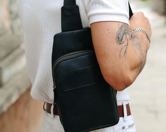 Black Leather Chest Sling Bag for Men, Minimalist Crossbody Shoulder Bag, Small Travel Satchel, Urban Everyday Gift for Him