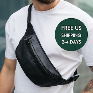 Schwarze Leder Bananen Gürteltasche, moderne Leder Hüfttasche, schwarze Leder Gürteltasche, lässige Crossbody Tasche für Männer, Geburtstag Geschenkidee für Ihn