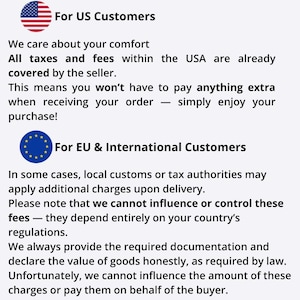 May include: A white background with text in black and red, detailing taxes and custom duties. Information is provided for US and international customers, including a note about potential additional charges for international orders.