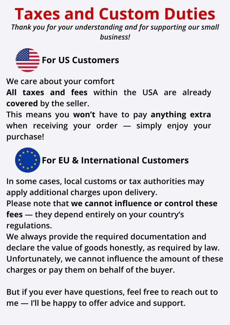 May include: A white background with text in black and red, detailing taxes and custom duties. Information is provided for US and international customers, including a note about potential additional charges for international orders.
